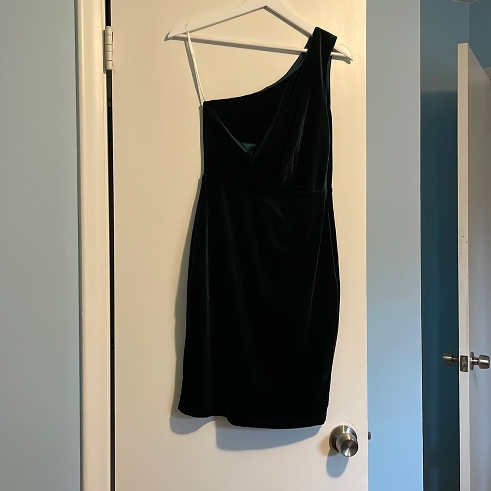 Emerald green velvet one shoulder dress